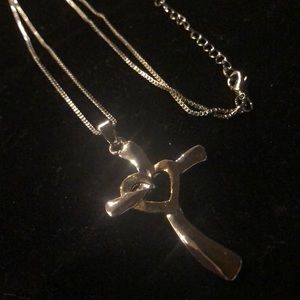 Silver Tone Cross & Heart Pendant